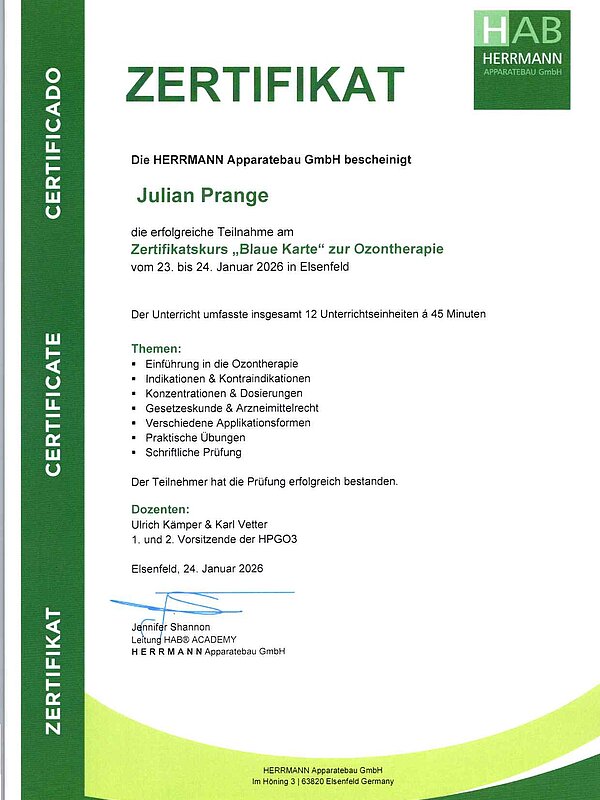  Zertifikatskurs "Blaue Karte" zur Ozontherapie 