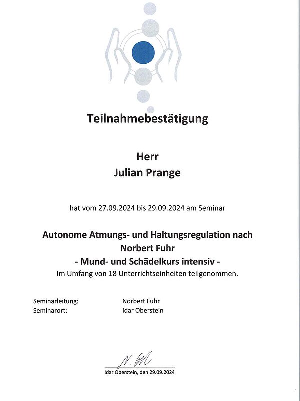  Autonome Atmungs- Haltungsregulation nach Norbert Fuhr - Mund und Schädelkurs 